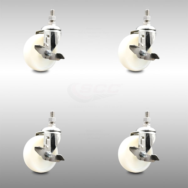 Service Caster 4 Inch 316SS Nylon Wheel Swivel 3/8 Inch Threaded Stem Caster Set Brake SCC SCC-SS316TS20S414-NYS-TLB-381615-4 - main